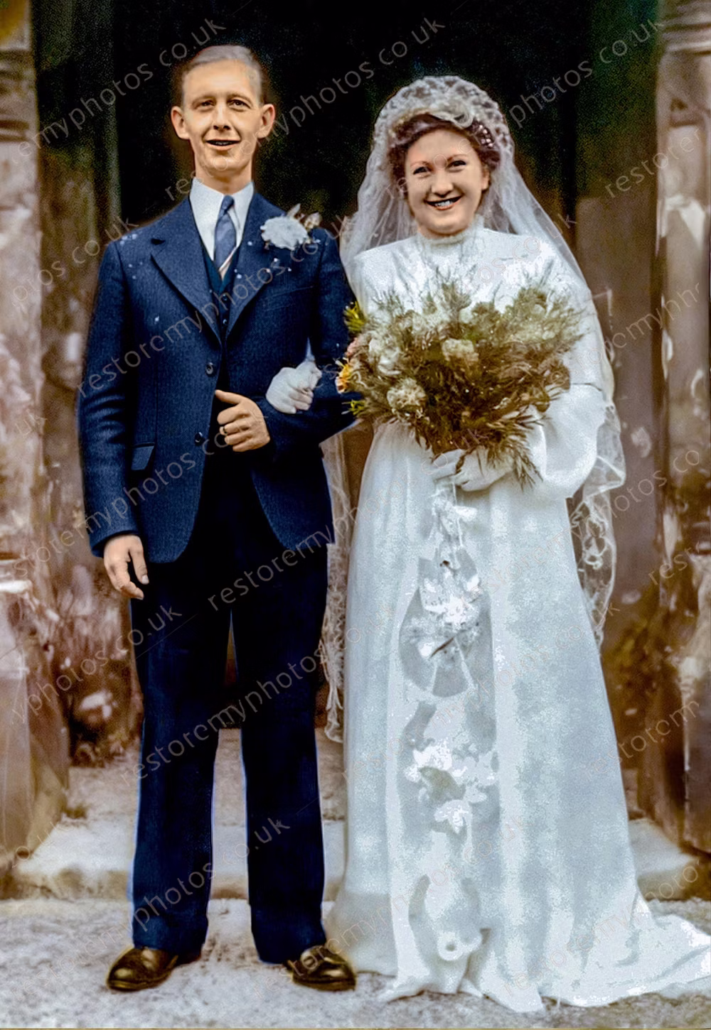 The same vintage wedding photograph after full colourisation