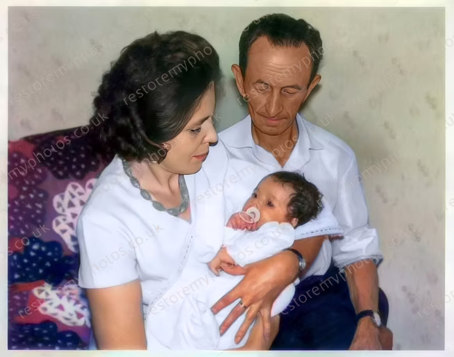 The same 1965 family photograph after colour recovery and edge repair