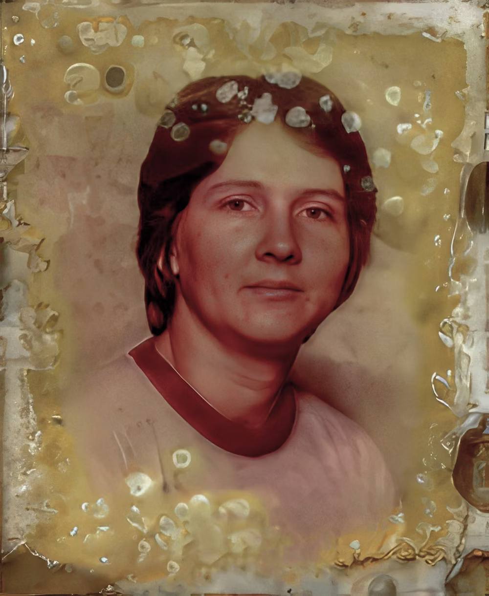 1990s portrait with heavy yellow water staining and blistered emulsion