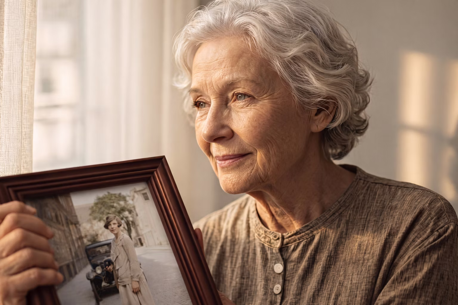 Grandmother holding a restored vintage family photograph, professional photo restoration UK